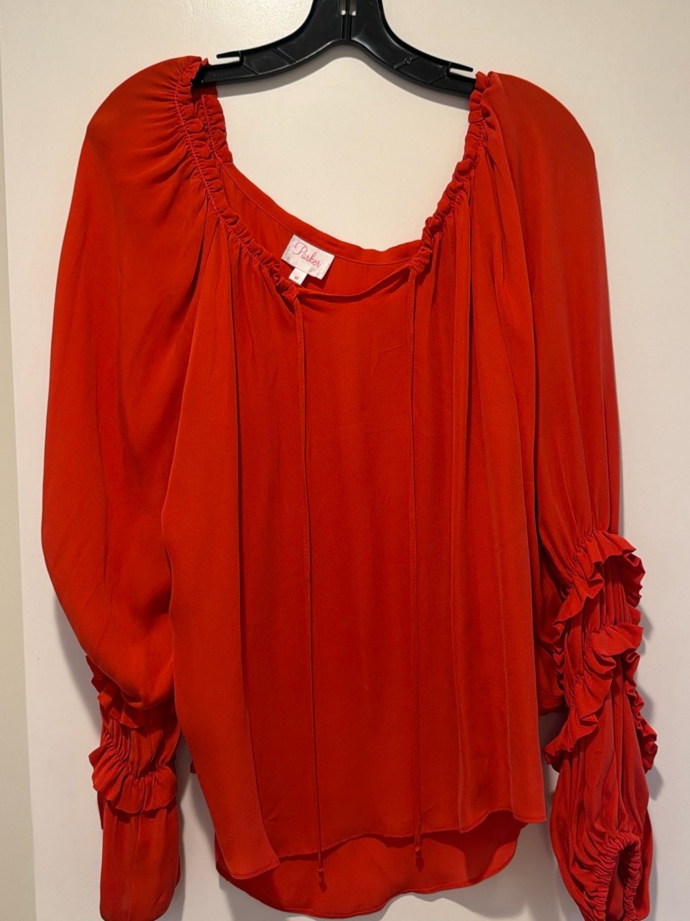 Parker Vibrant Red Peasant Blouse with Ruched Sleeves